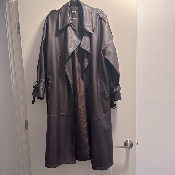 Zara Faux Leather Trench Coat Chocolate Brown - Picture 6 of 10